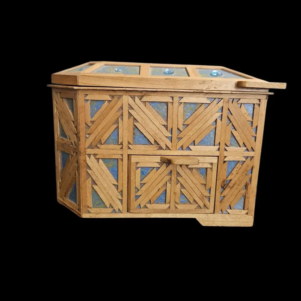Handcrafted Indian Heart Shaped Wooden Jewelry Box Blue Inlay Folk Art